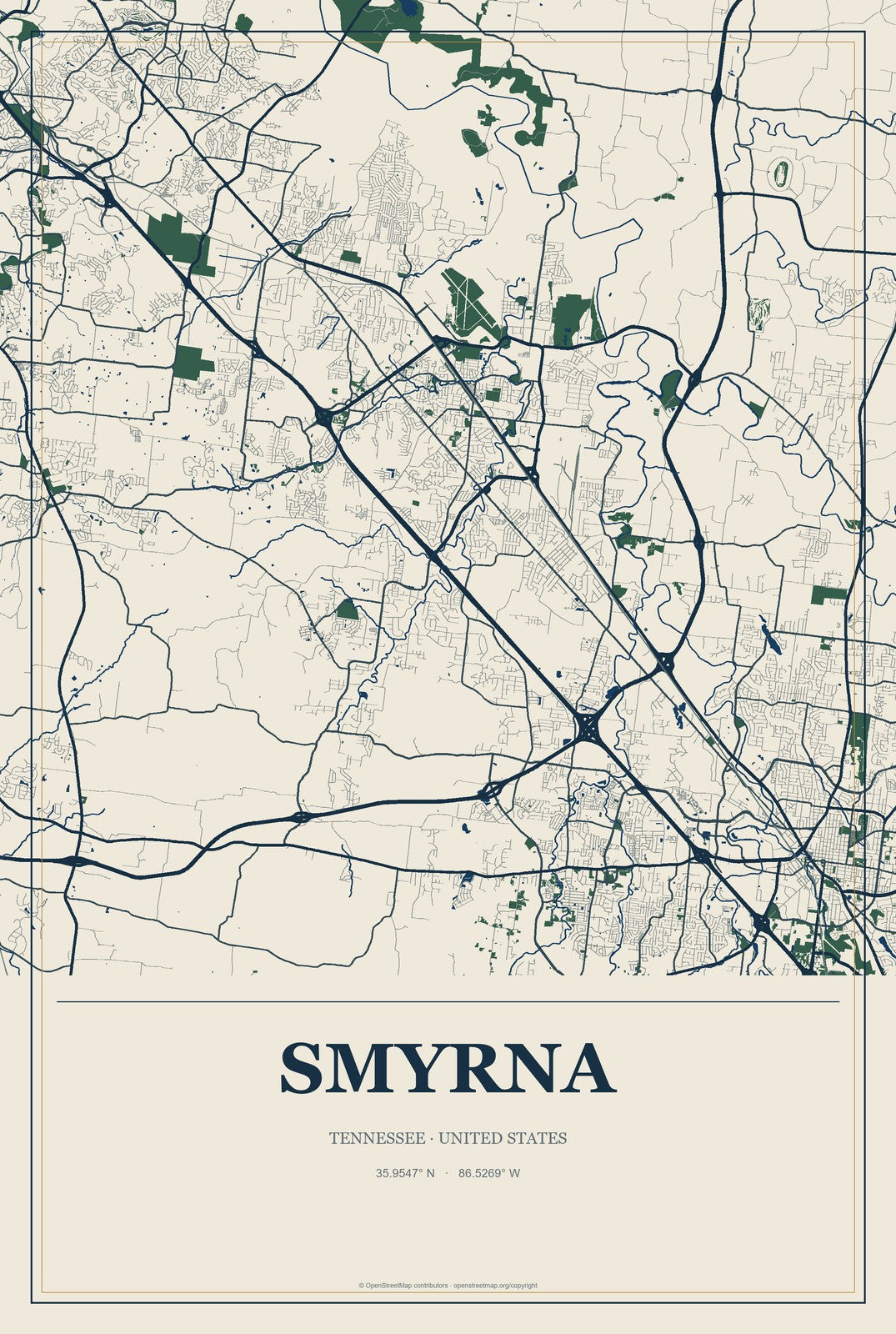 Smyrna, Tennessee City Map Aluminum Sign in Coastal Cutout style