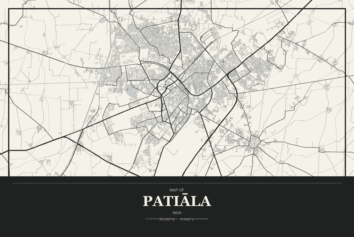 Patiāla, India City Map Aluminum Sign in Museum Plaque style