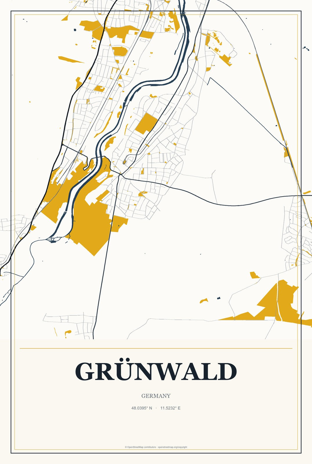 Grünwald, Germany City Map Aluminum Sign in Citrine Modern style