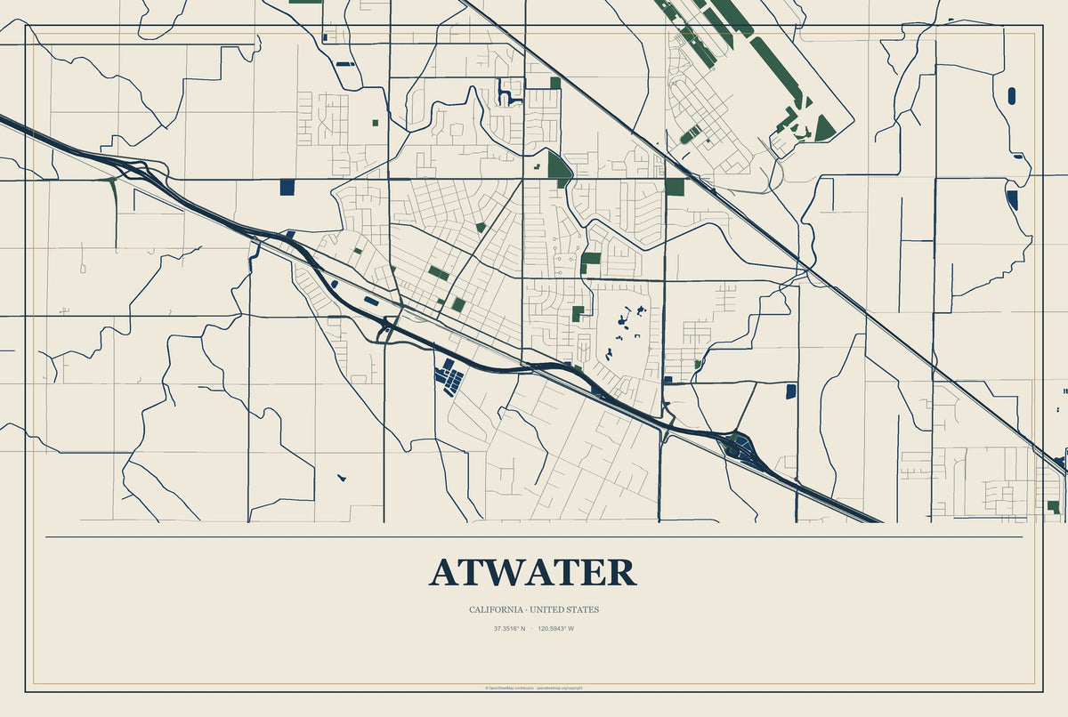 Atwater, California City Map Aluminum Sign in Coastal Cutout style