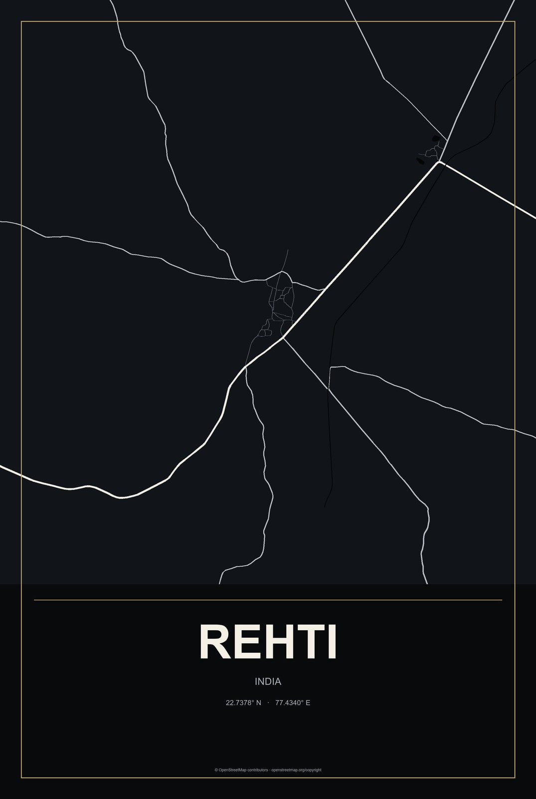 Rehti, India City Map Aluminum Sign in Metropolitan Noir style