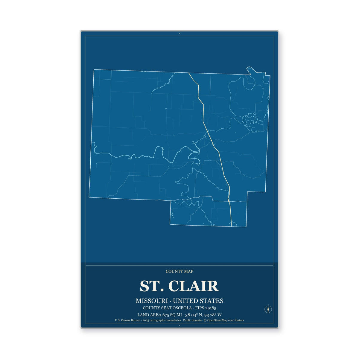 St. Clair County, Missouri Map Aluminum Sign in Harbor Cobalt style