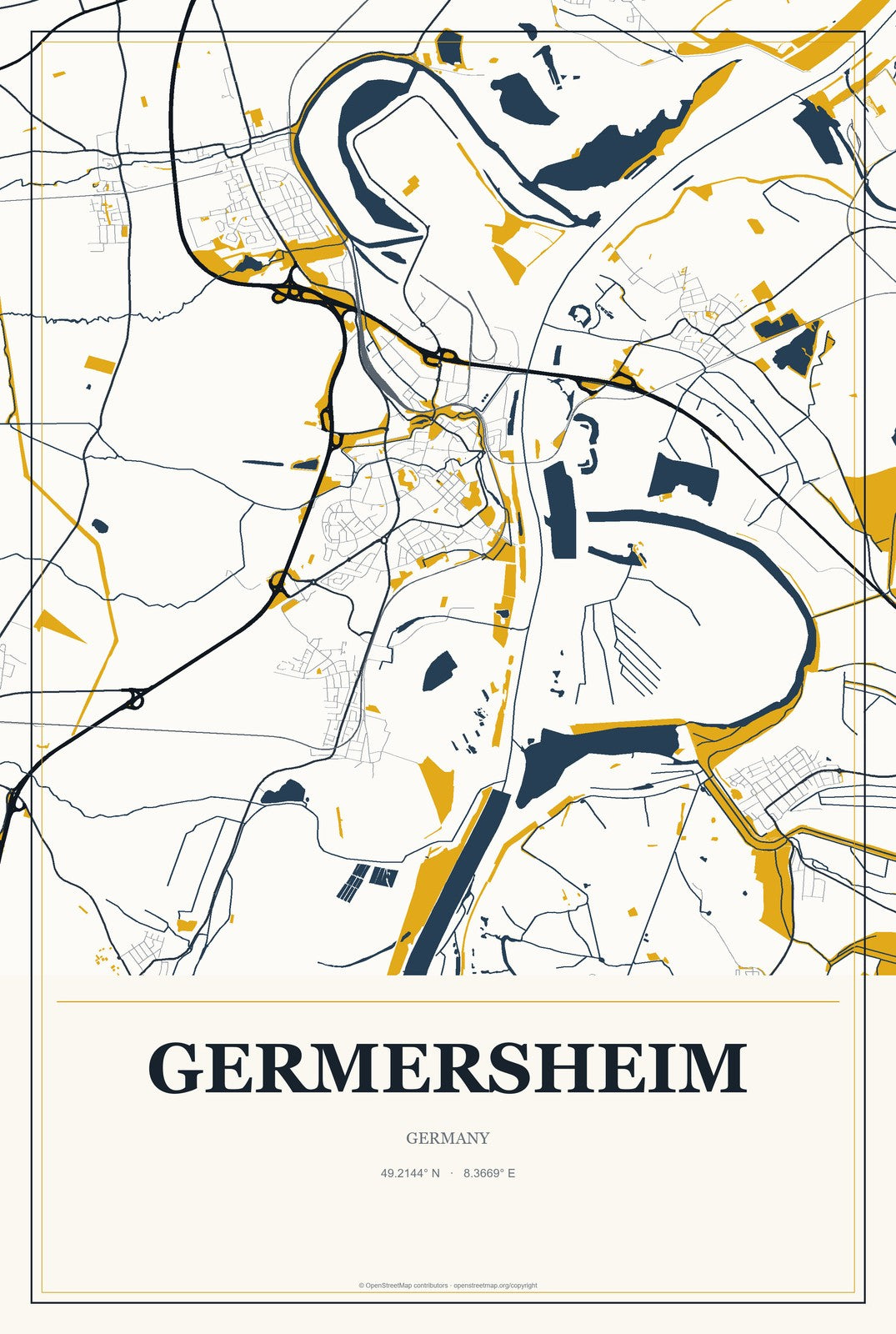 Germersheim, Germany City Map Aluminum Sign in Citrine Modern style