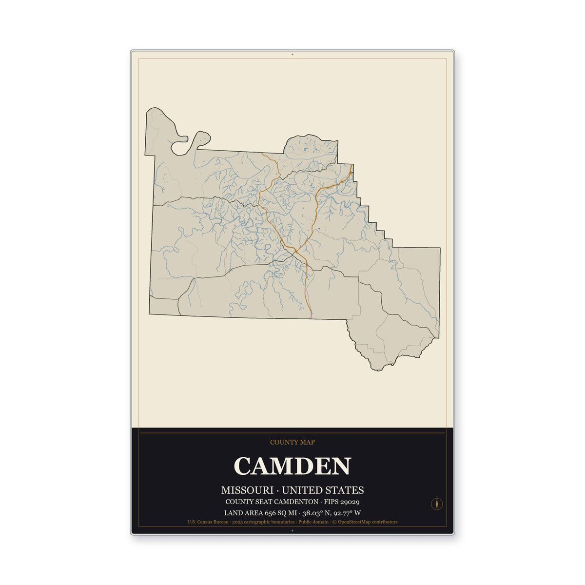 Camden County, Missouri Map Aluminum Sign in Museum Plaque style