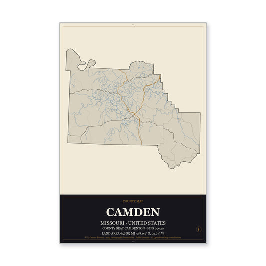 Camden County, Missouri Map Aluminum Sign in Museum Plaque style