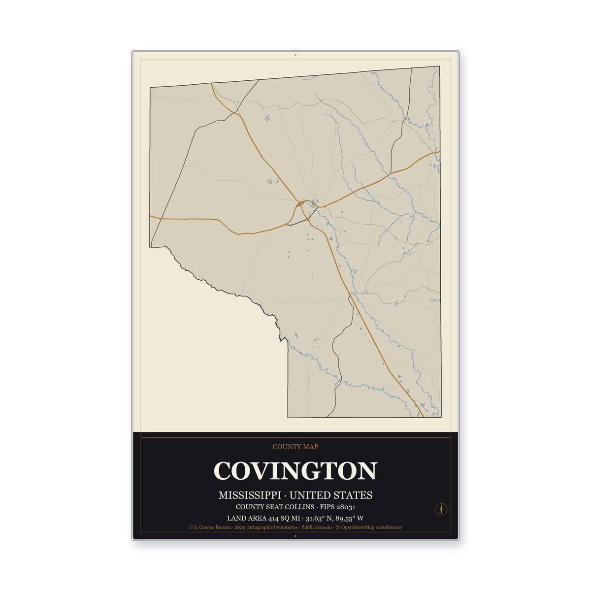 Covington County, Mississippi Map Aluminum Sign in Museum Plaque style