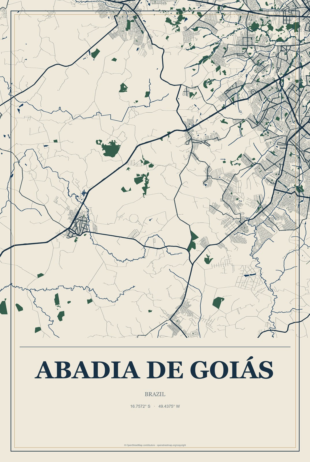 Abadia de Goiás, Brazil City Map Aluminum Sign in Coastal Cutout style