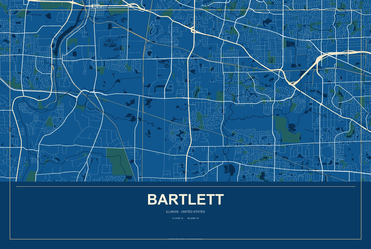 Bartlett, Illinois City Map Aluminum Sign in Harbor Cobalt style
