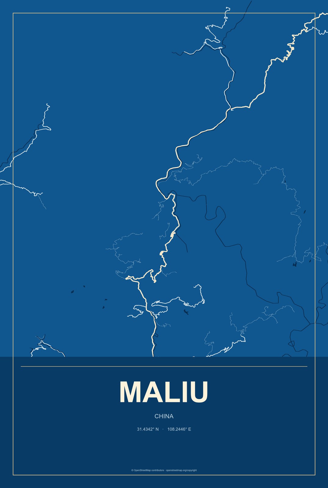 Maliu, China City Map Aluminum Sign in Harbor Cobalt style