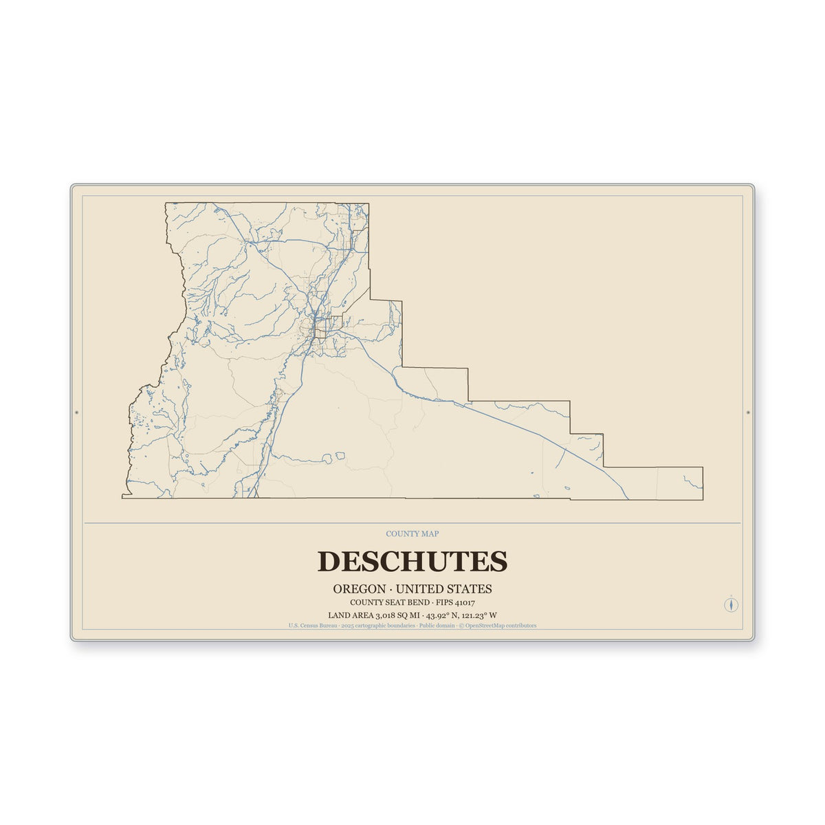 Deschutes County, Oregon Map Aluminum Sign in Heritage Nautical style