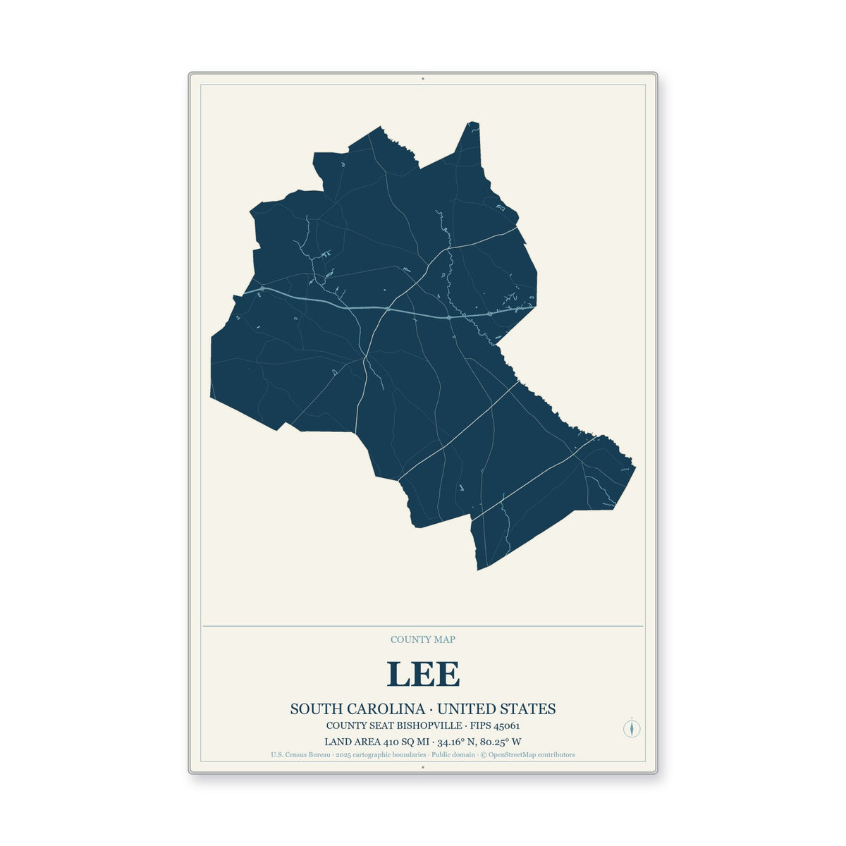 Lee County, South Carolina Map Aluminum Sign in Coastal Cutout style