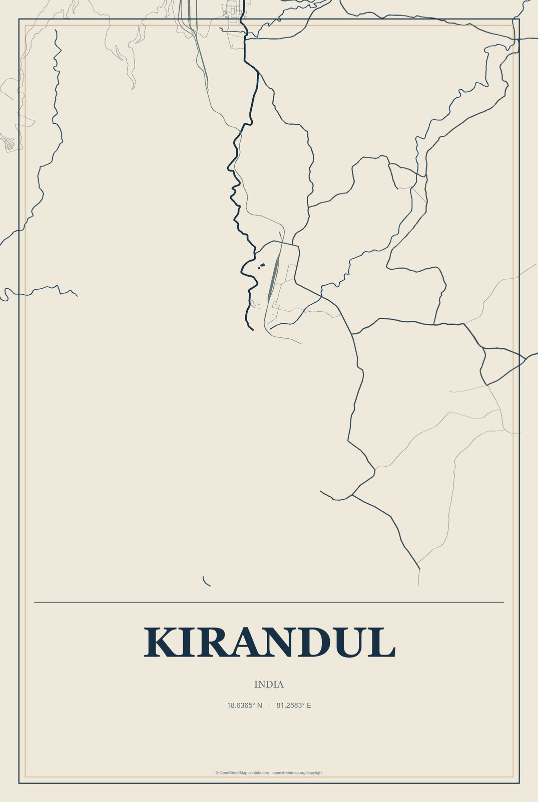 Kirandul, India City Map Aluminum Sign in Coastal Cutout style