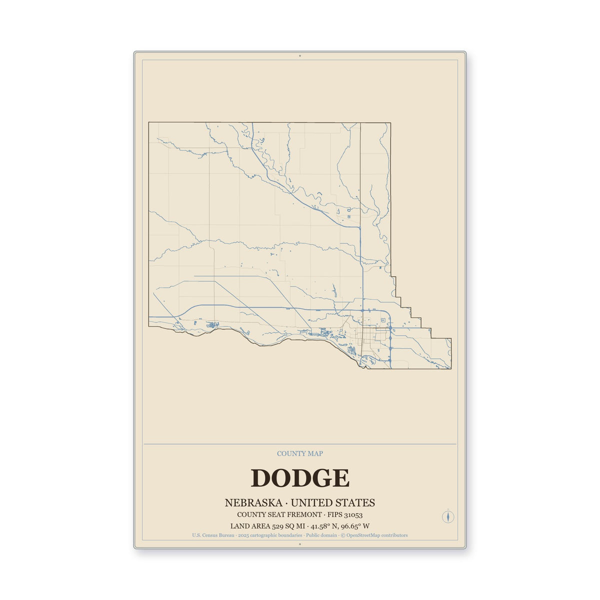Dodge County, Nebraska Map Aluminum Sign in Heritage Nautical style