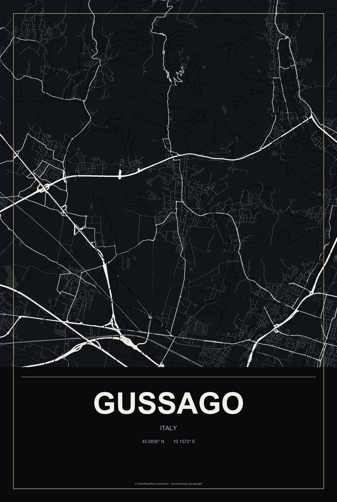 Gussago, Italy City Map Aluminum Sign in Metropolitan Noir style
