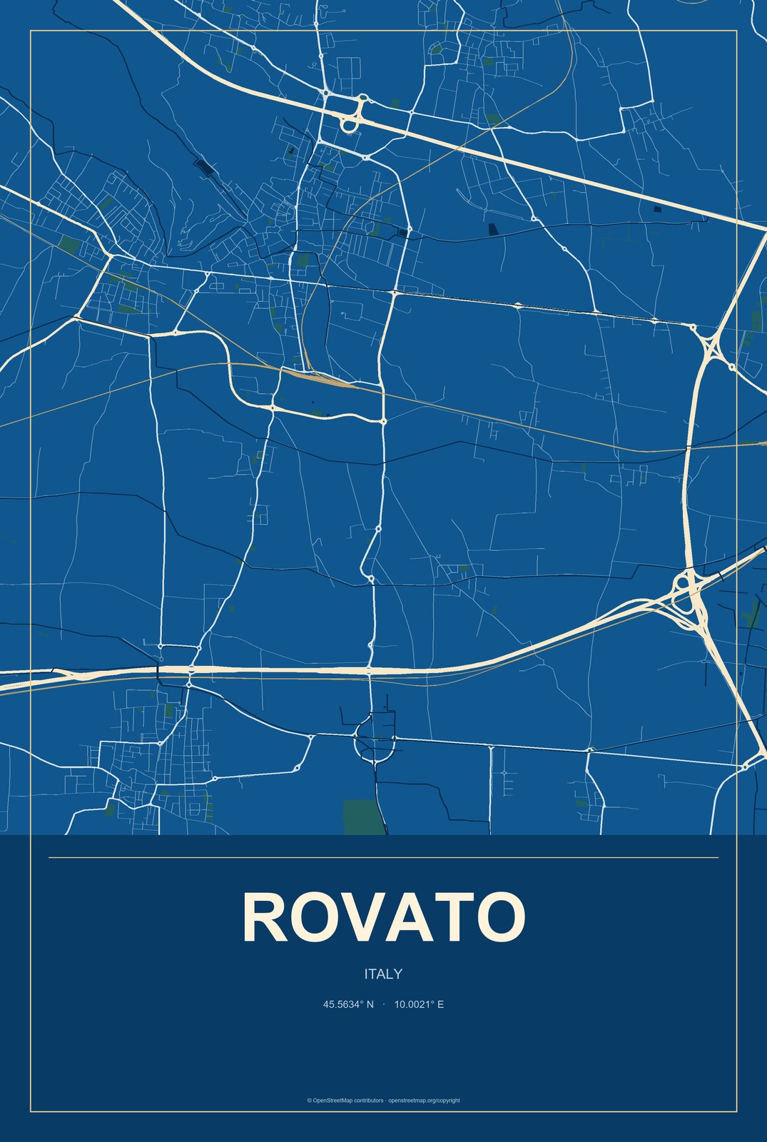 Rovato, Italy City Map Aluminum Sign in Harbor Cobalt style