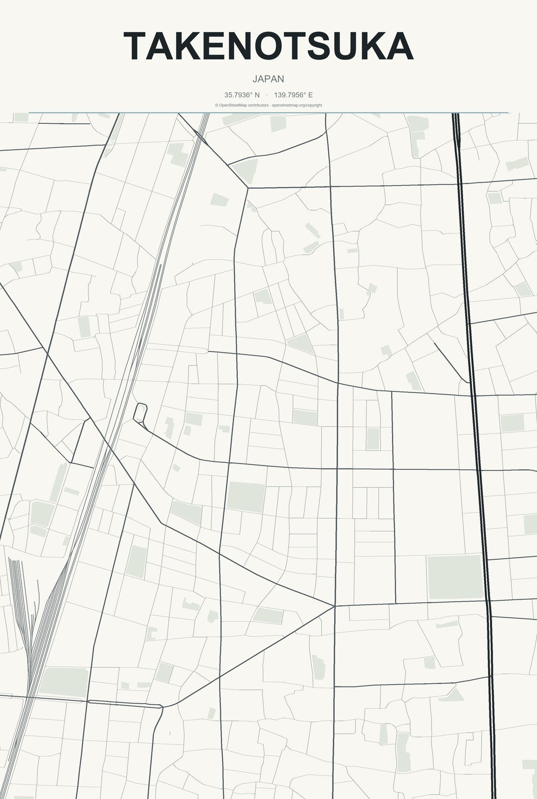 Takenotsuka, Japan City Map Aluminum Sign in Headline Atlas style