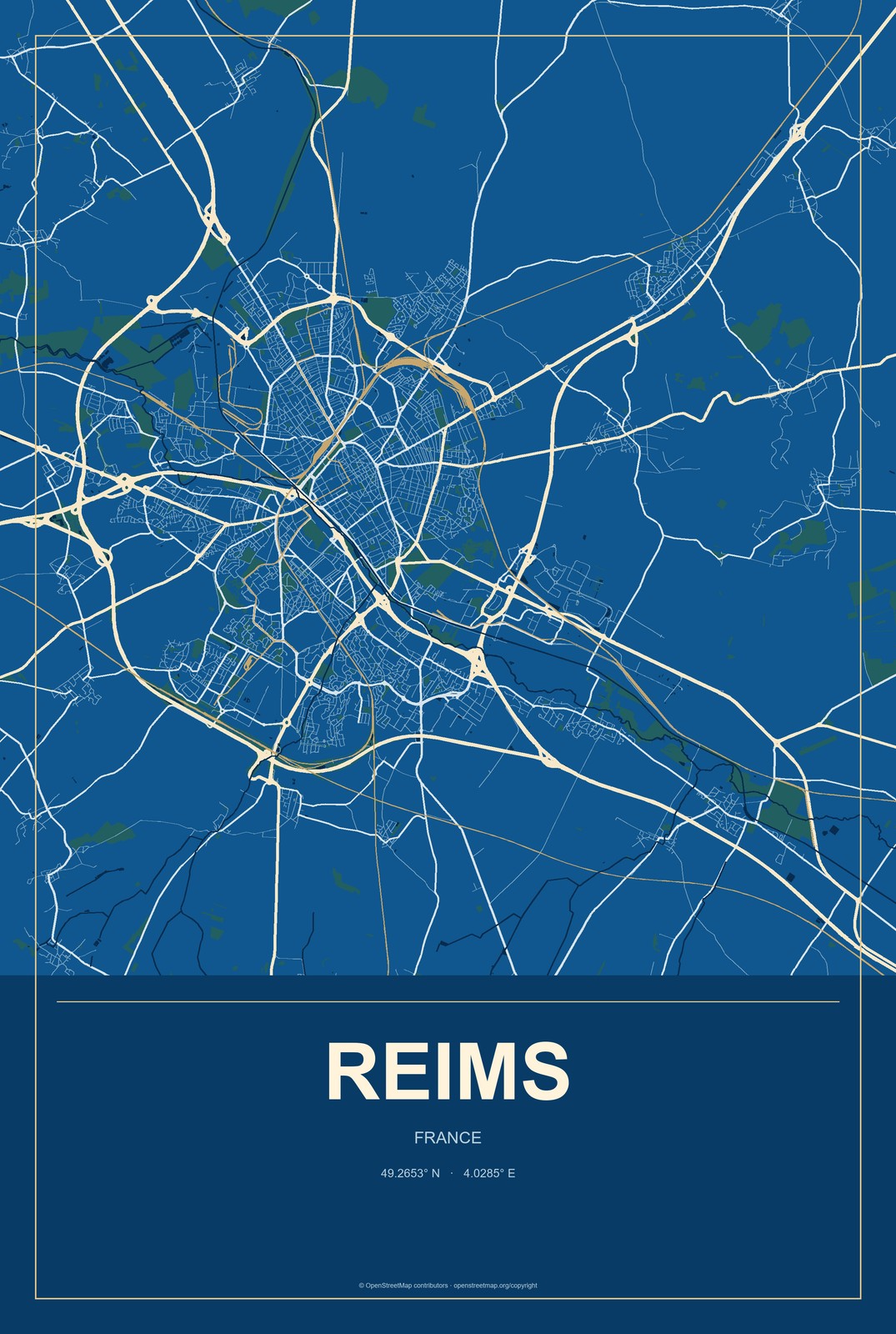 Reims, France City Map Aluminum Sign in Harbor Cobalt style