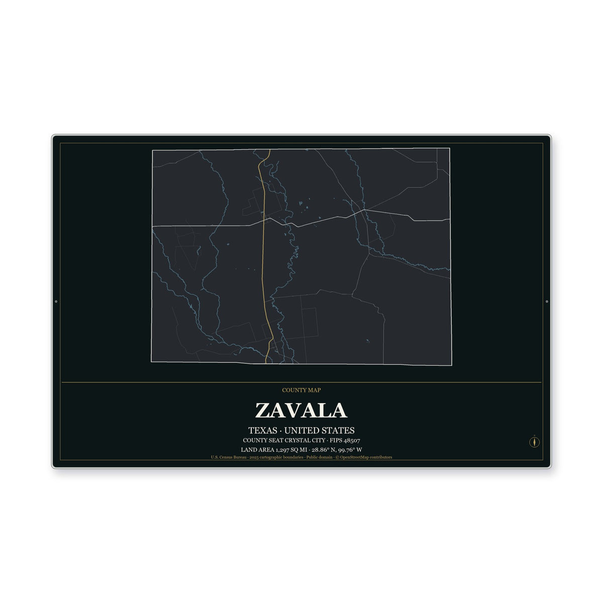 Zavala County, Texas Map Aluminum Sign in Metropolitan Noir style