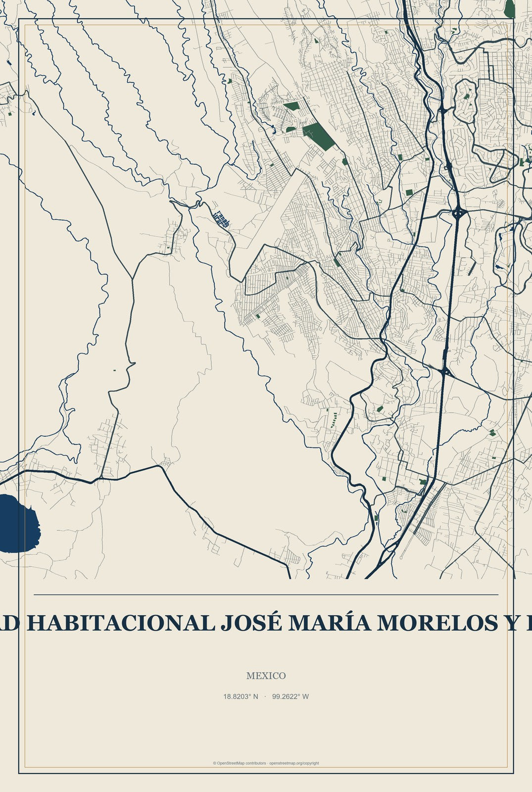 Unidad Habitacional José María Morelos y Pavón, Mexico City Map Aluminum Sign in Coastal Cutout style