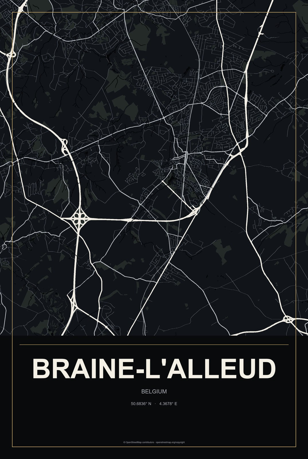 Braine-l'Alleud, Belgium City Map Aluminum Sign in Metropolitan Noir style