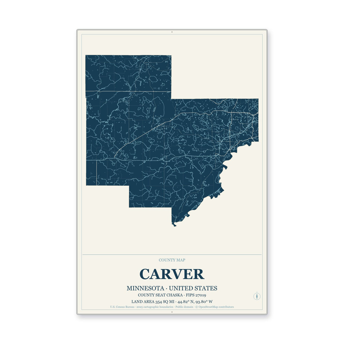 Carver County, Minnesota Map Aluminum Sign in Coastal Cutout style