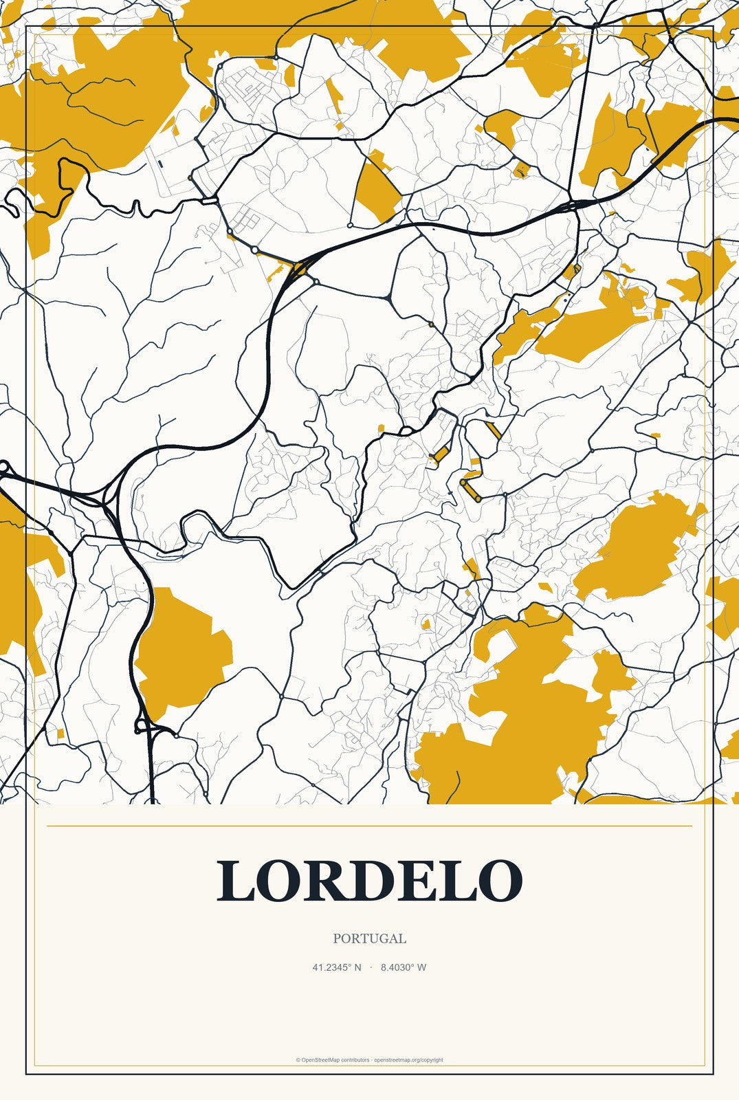 Lordelo, Portugal City Map Aluminum Sign in Citrine Modern style
