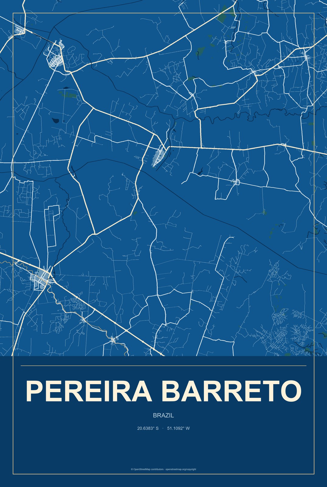 Pereira Barreto, Brazil City Map Aluminum Sign in Harbor Cobalt style