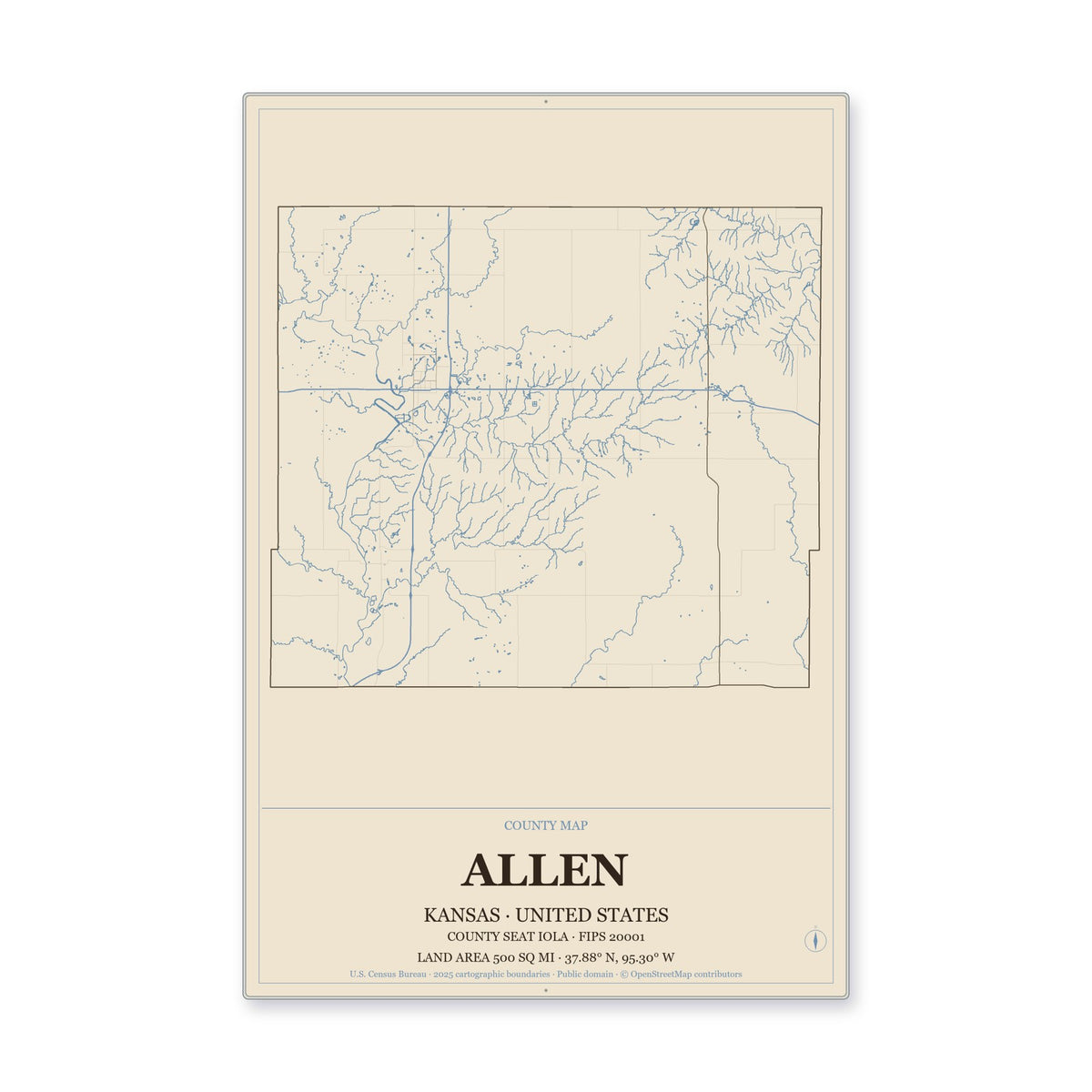 Allen County, Kansas Map Aluminum Sign in Heritage Nautical style
