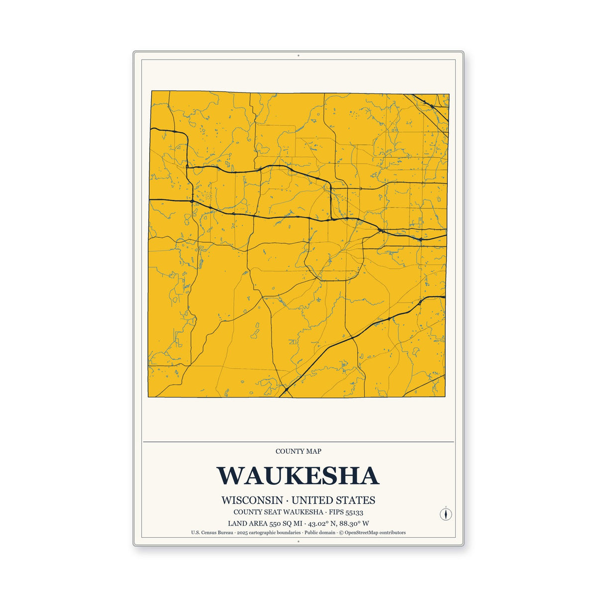 Waukesha County, Wisconsin Map Aluminum Sign in Citrine Modern style
