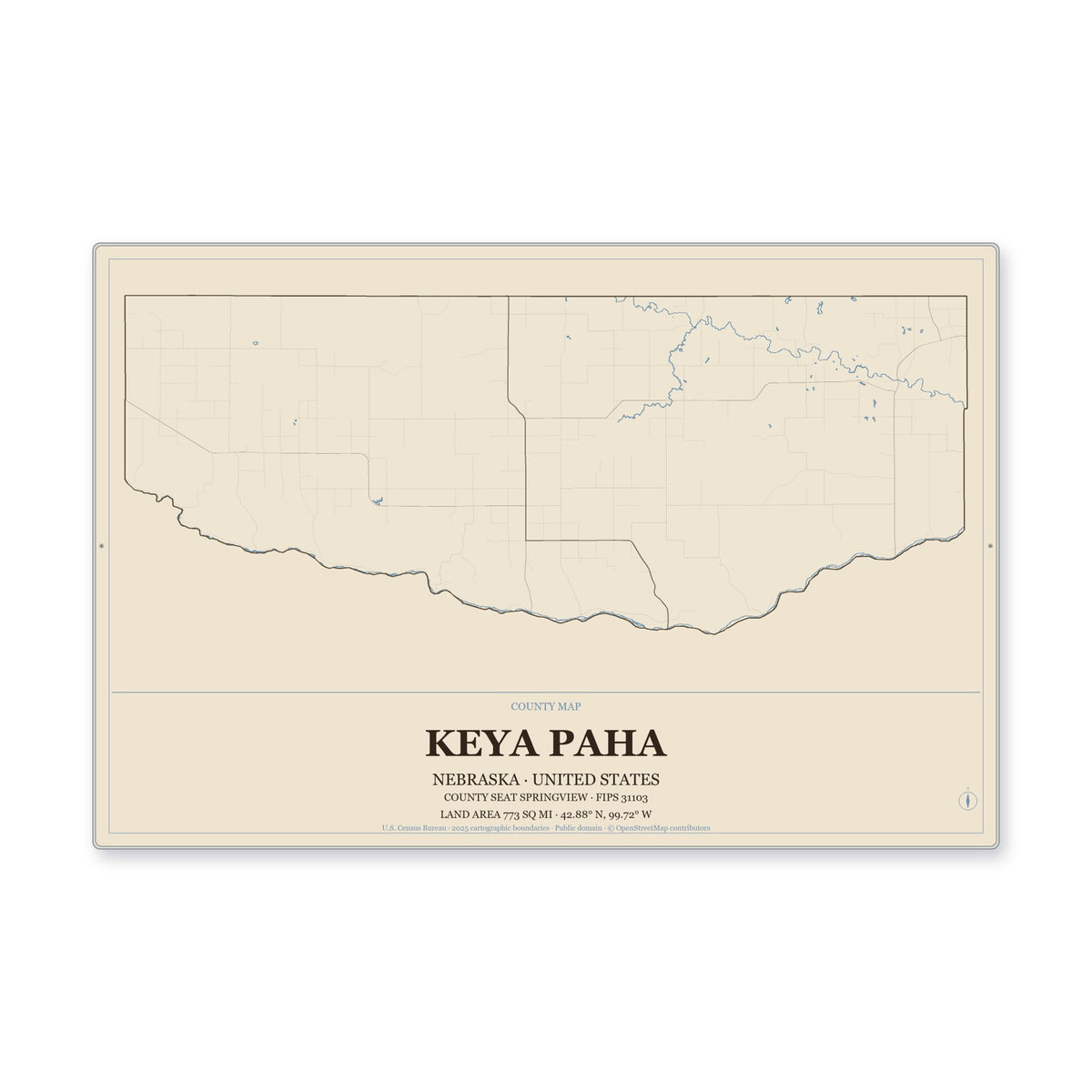 Keya Paha County, Nebraska Map Aluminum Sign in Heritage Nautical style
