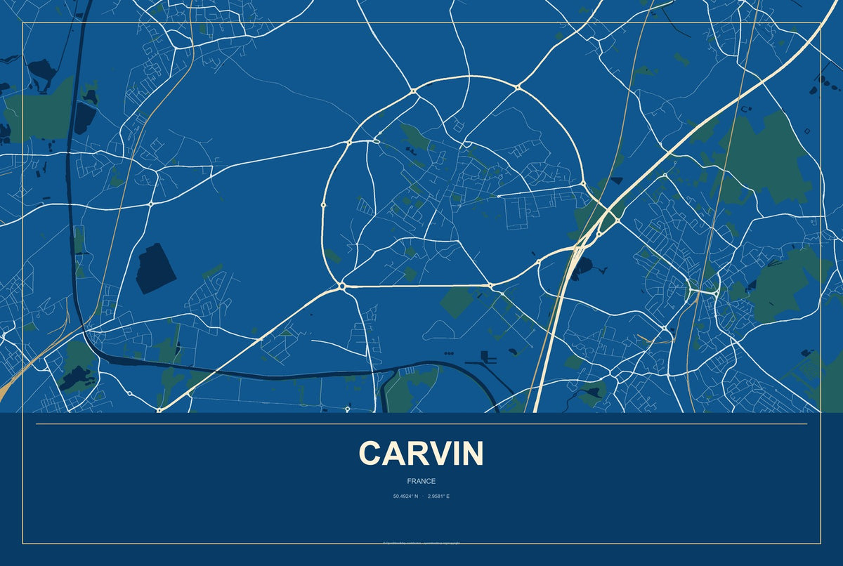 Carvin, France City Map Aluminum Sign in Harbor Cobalt style