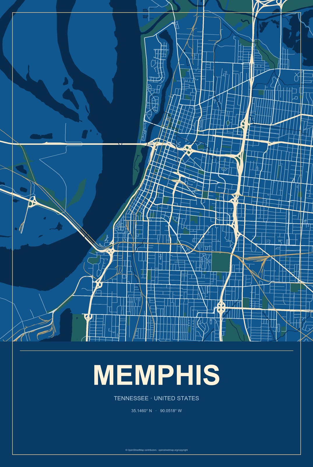 Memphis, Tennessee City Map Aluminum Sign in Harbor Cobalt style