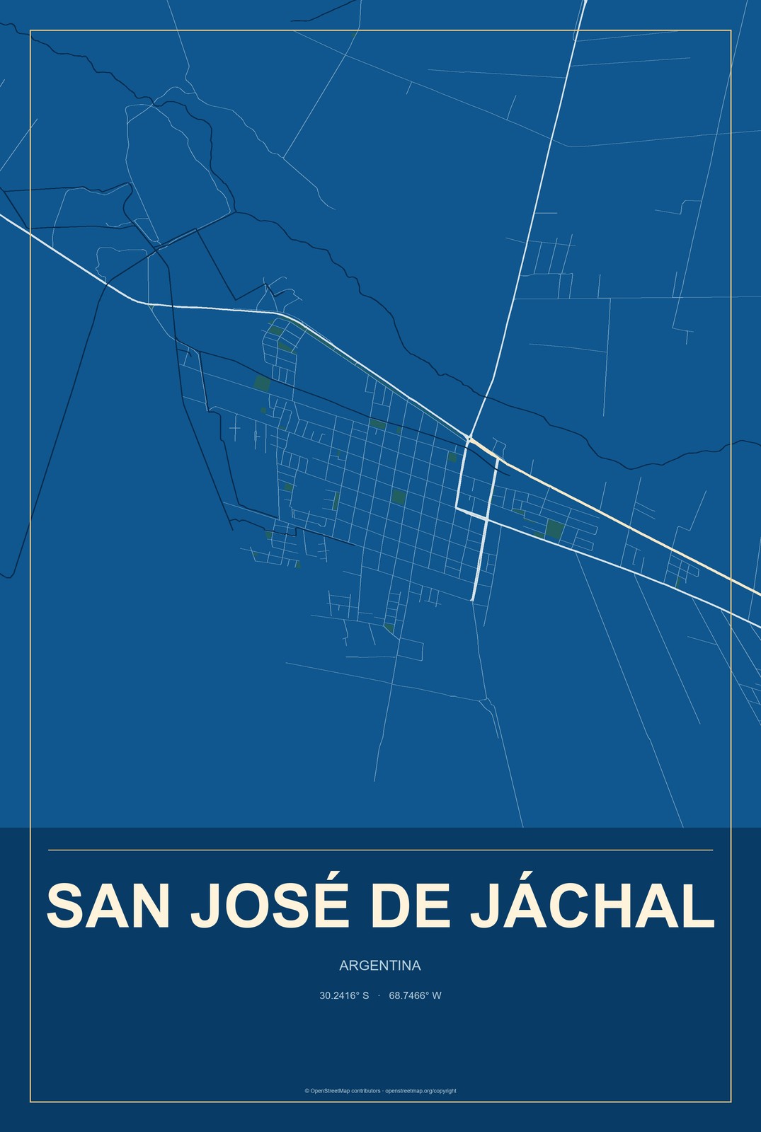 San José de Jáchal, Argentina City Map Aluminum Sign in Harbor Cobalt style