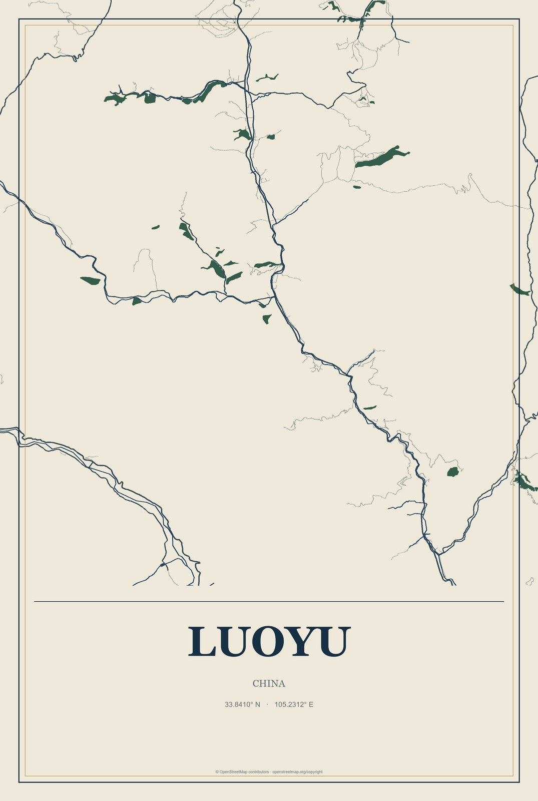 Luoyu, China City Map Aluminum Sign in Coastal Cutout style