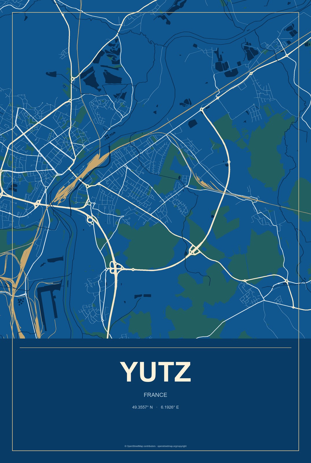 Yutz, France City Map Aluminum Sign in Harbor Cobalt style