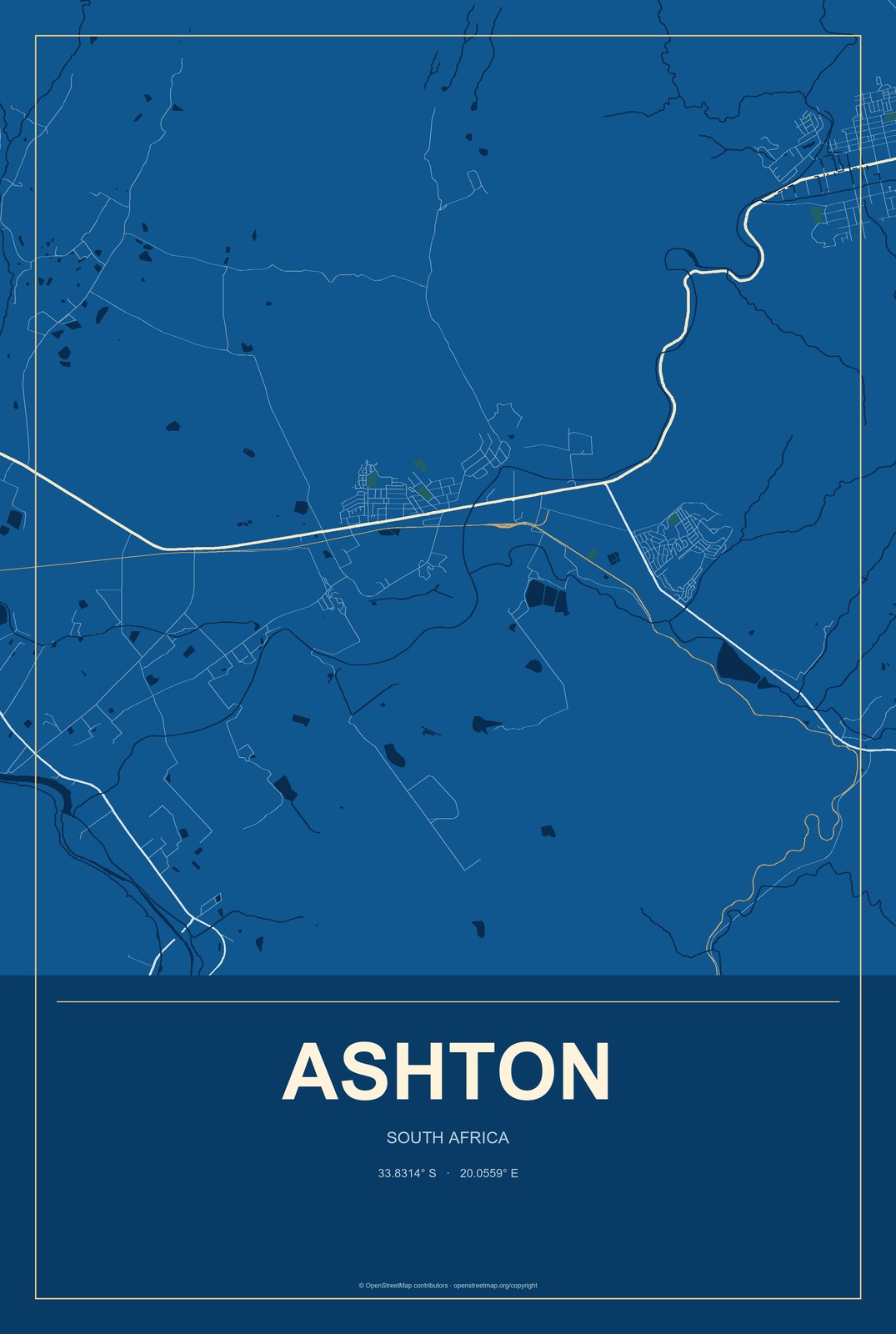 Ashton, South Africa City Map Aluminum Sign in Harbor Cobalt style