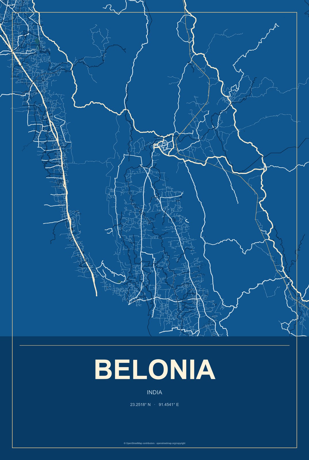 Belonia, India City Map Aluminum Sign in Harbor Cobalt style