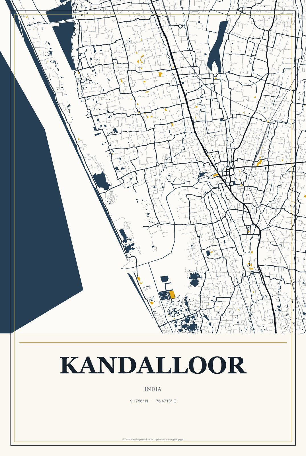 Kandalloor, India City Map Aluminum Sign in Citrine Modern style