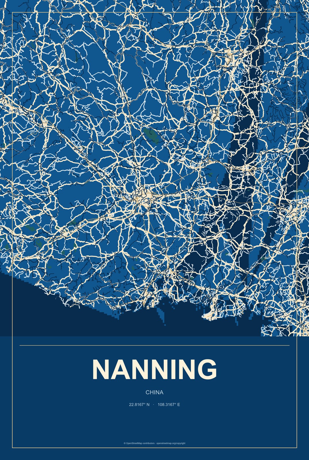 Nanning, China City Map Aluminum Sign in Harbor Cobalt style
