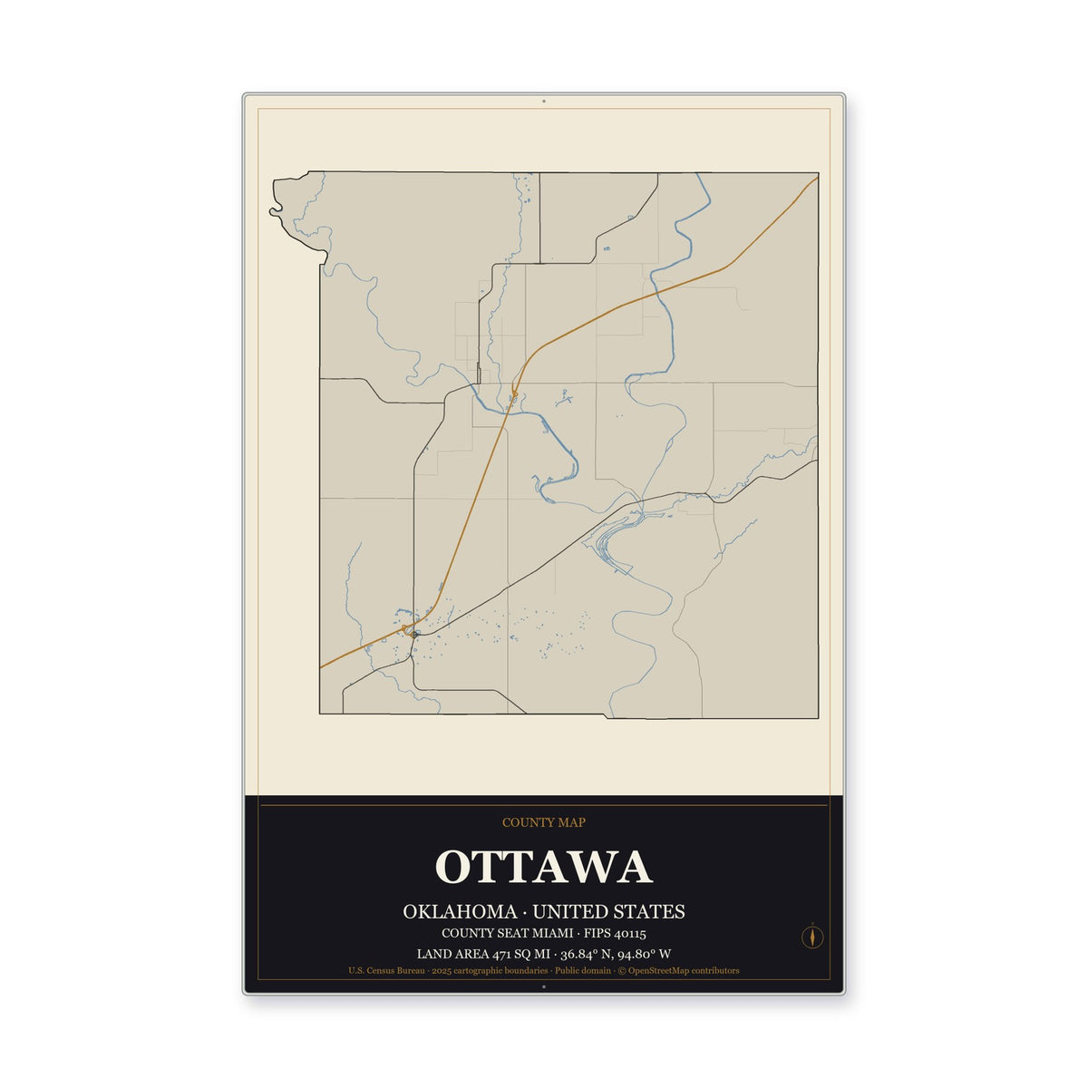 Ottawa County, Oklahoma Map Aluminum Sign in Museum Plaque style