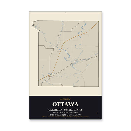 Ottawa County, Oklahoma Map Aluminum Sign in Museum Plaque style