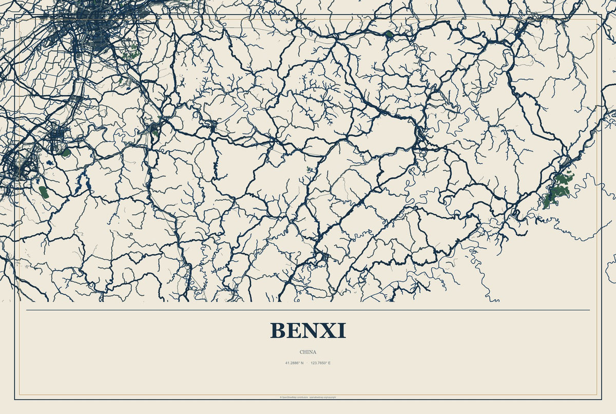 Benxi, China City Map Aluminum Sign in Coastal Cutout style