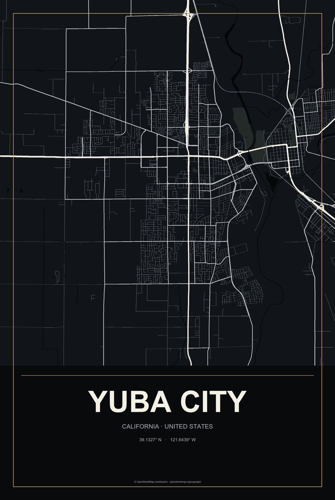 Yuba City, California City Map Aluminum Sign in Metropolitan Noir style