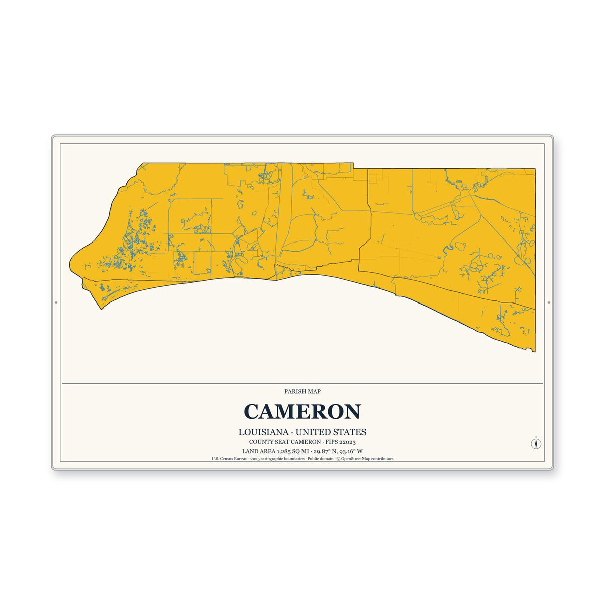 Cameron Parish, Louisiana Map Aluminum Sign in Citrine Modern style
