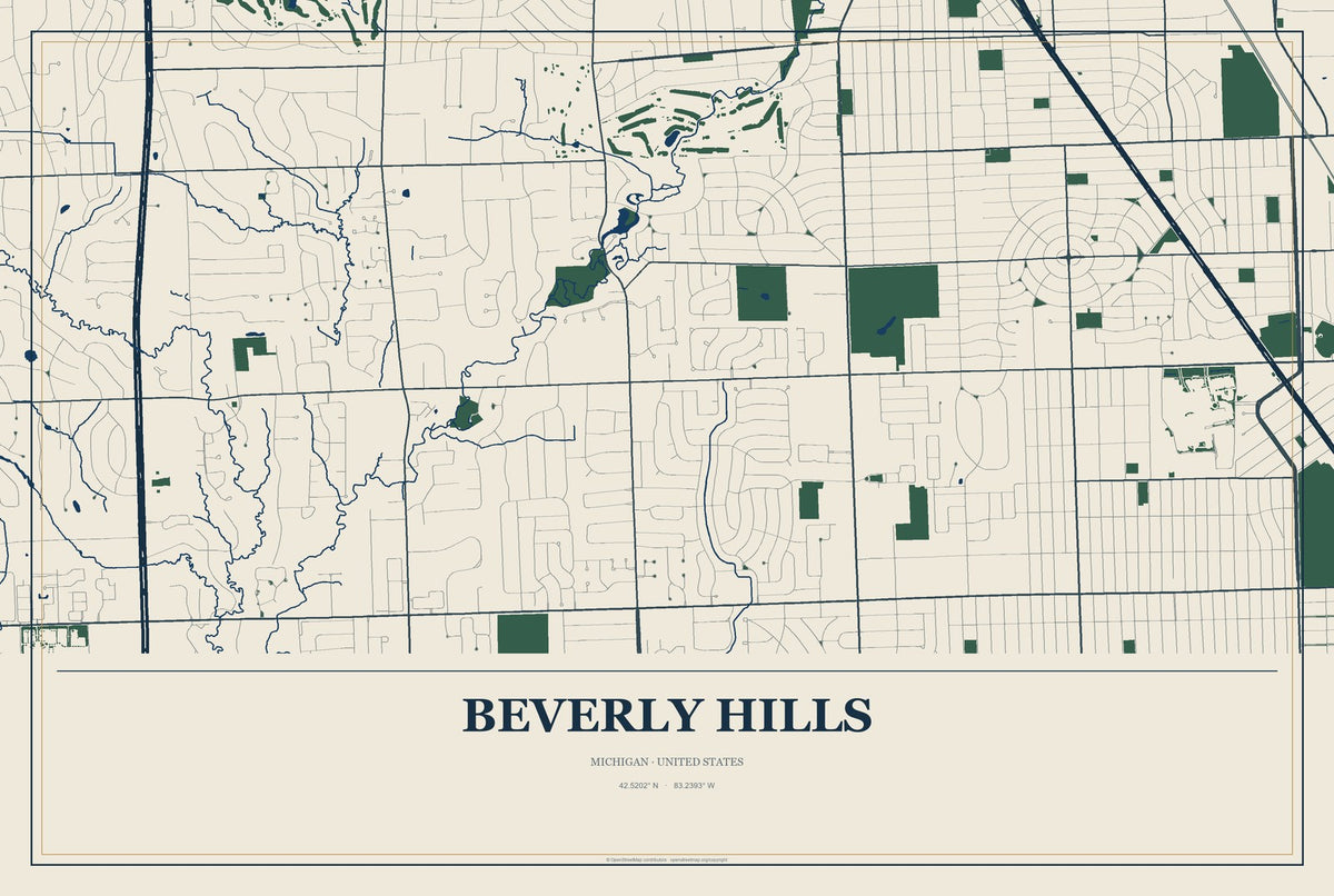 Beverly Hills, Michigan City Map Aluminum Sign in Coastal Cutout style