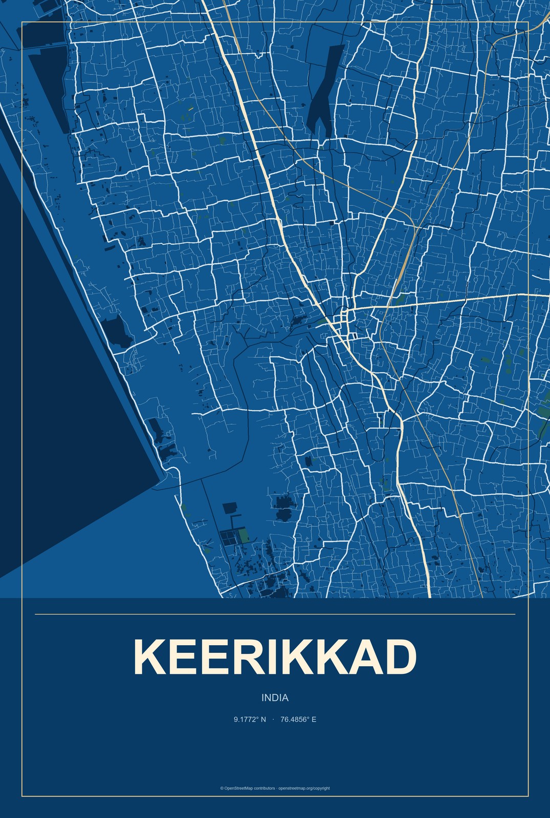Keerikkad, India City Map Aluminum Sign in Harbor Cobalt style