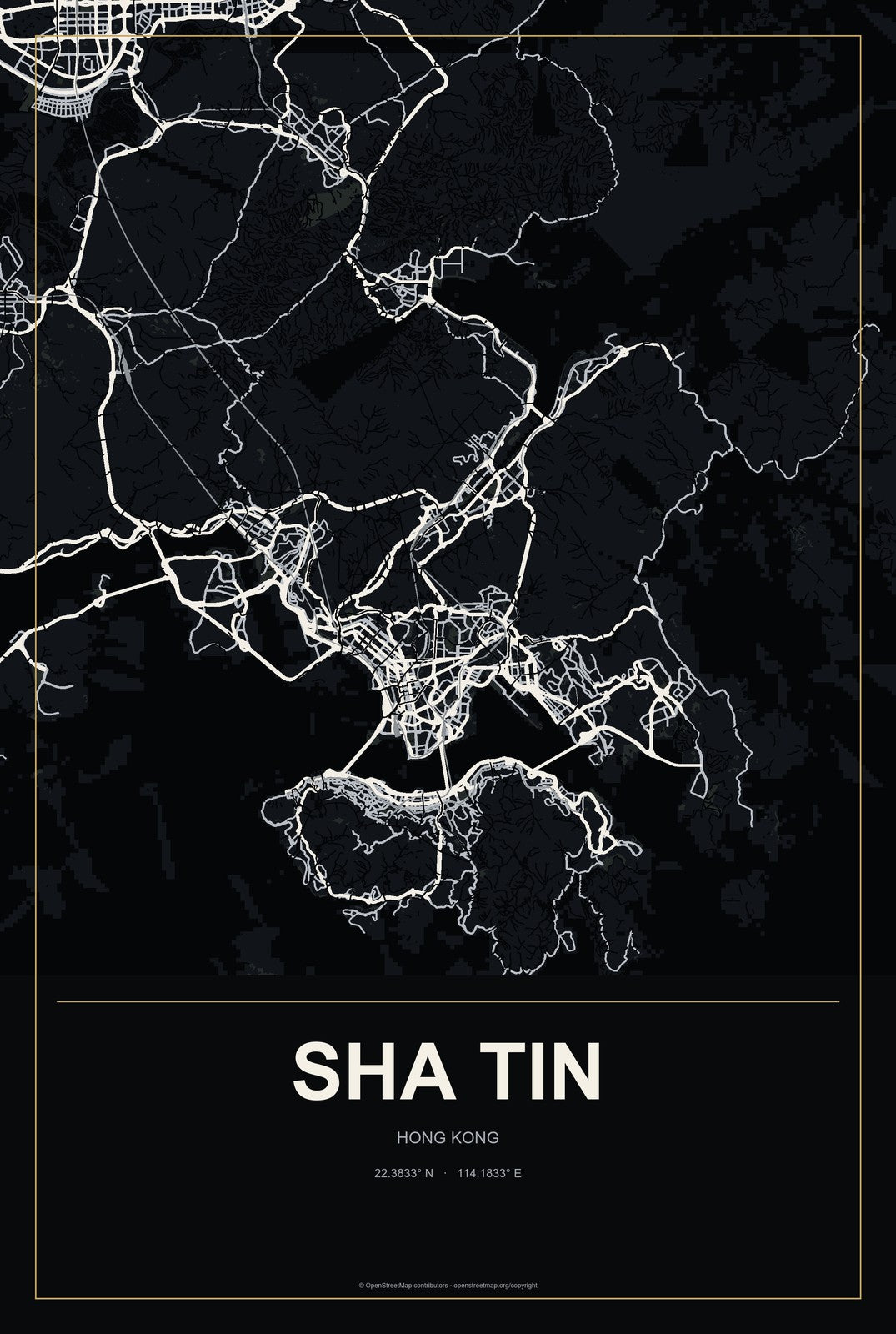 Sha Tin, Hong Kong City Map Aluminum Sign in Metropolitan Noir style