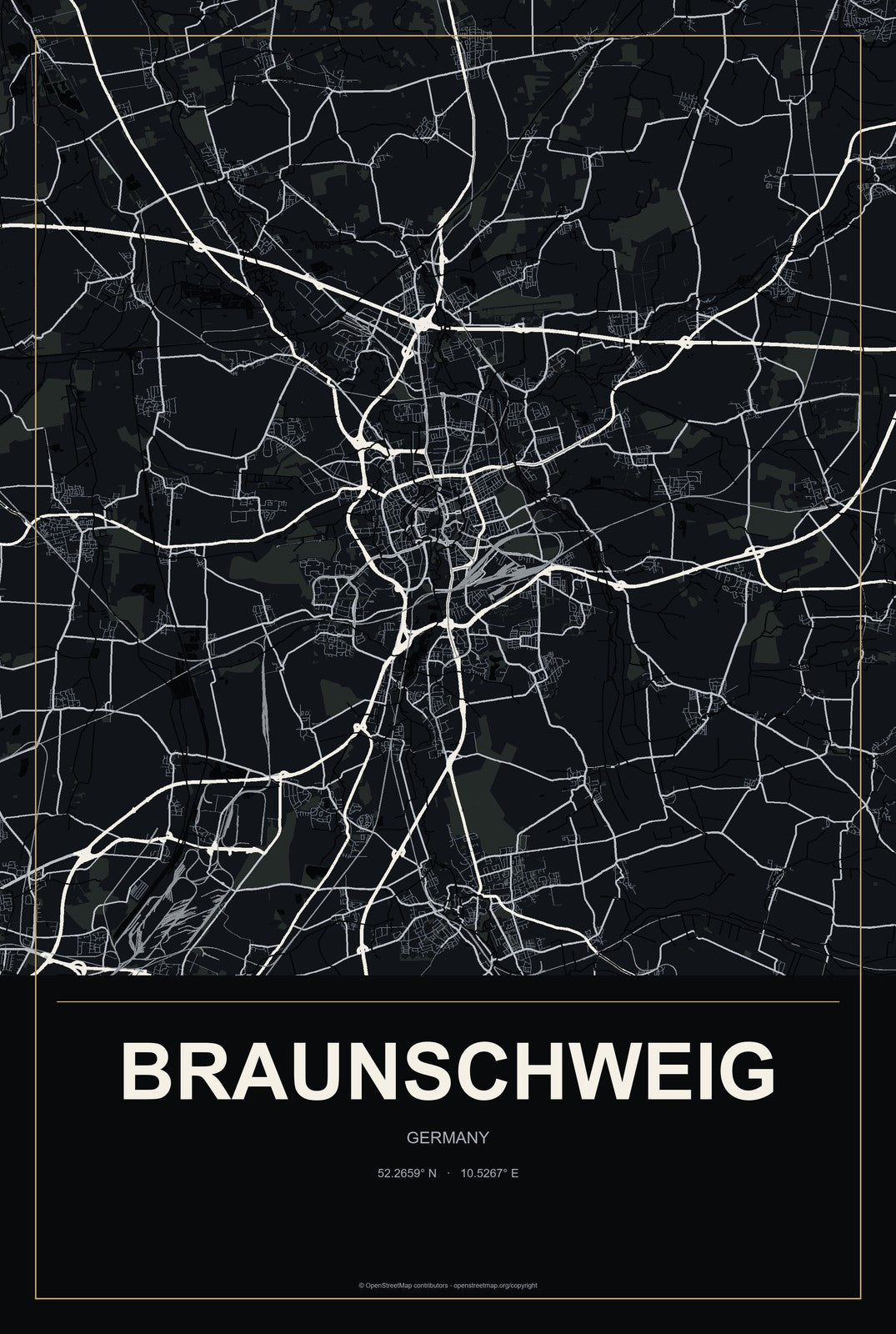 Braunschweig, Germany City Map Aluminum Sign in Metropolitan Noir style