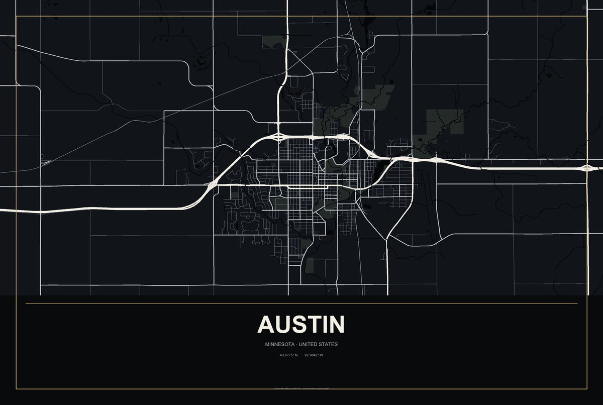 Austin, Minnesota City Map Aluminum Sign in Metropolitan Noir style