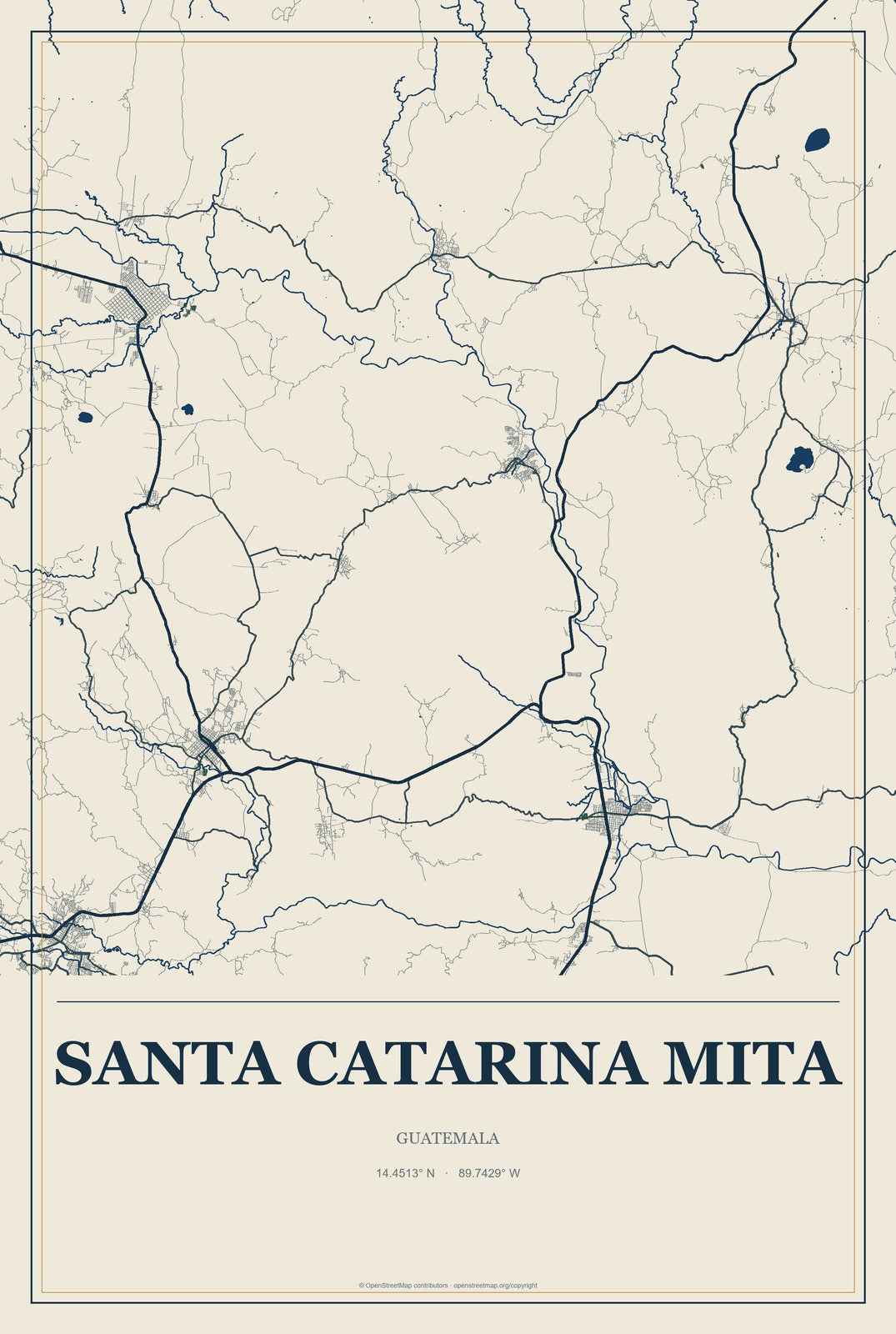 Santa Catarina Mita, Guatemala City Map Aluminum Sign in Coastal Cutout style